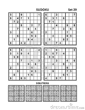 Four sudoku games with answers of medium level. Set 29. Vector Illustration